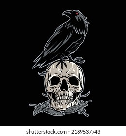 Head Skull With Black Raven Illustration