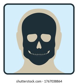 Head skull bone, xray concept icon, roentgen human body image isolated on white, flat vector illustration. Skeleton part of man organism, silhouette black biological science.