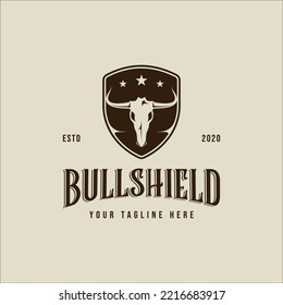head of skull bull and shield logo vector vintage illustration template icon graphic design. texas western longhorn sign or symbol for butcher or ranch and livestock concept with badge