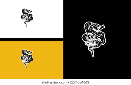 head skull and cobra vector illustration line art design