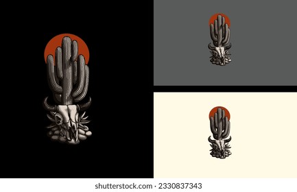 diseño de mascota vectorial de vaca y cactus