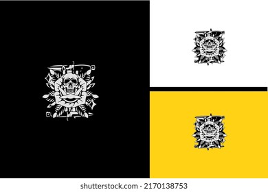 head skull and flowers vector black and white