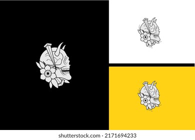 head skull and flowers vector black and white