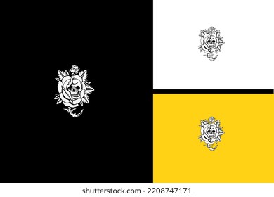 head skull and flowers vector line art design