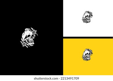 head skull and flowers vector line art design