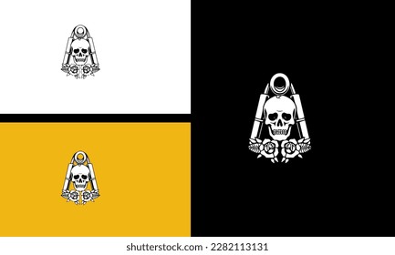 head skull and flowers vector line art design