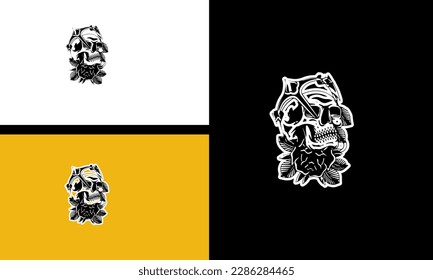 head skull and flowers vector line art design