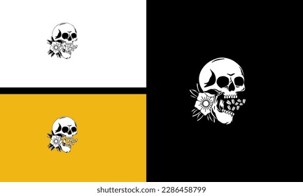 head skull and flowers vector line art design