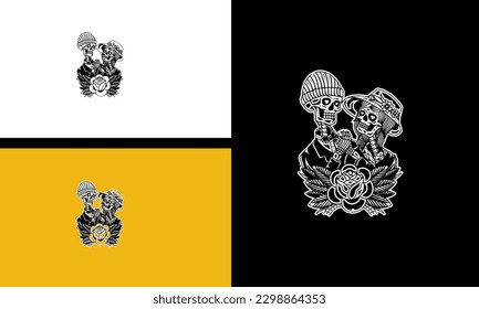 head skull and flowers vector line art design