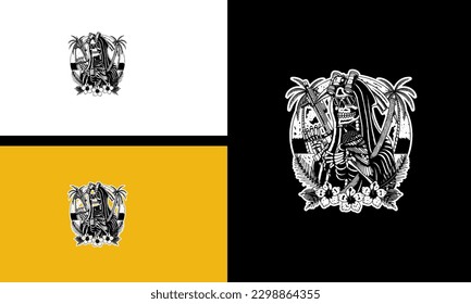 head skull and flowers vector line art design