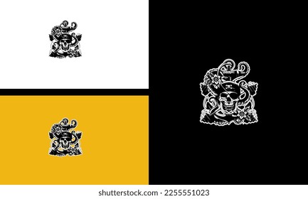 head skull and flowers vector outline design