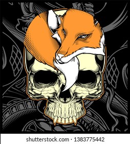 head skull and fox hand drawing vector