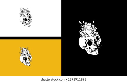 head skull and frog vector line art flat design