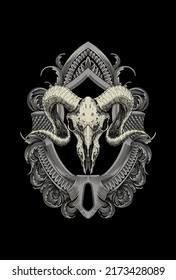 Head skull goat with ornament artwork illustration
