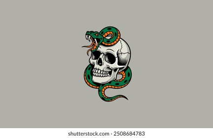 head skull with green snake vector illustration artwork design