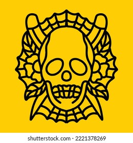 Head Skull illustration Monoline Vector Logo, skeleton vintage badge, creative luxury emblem Design For Tshirt