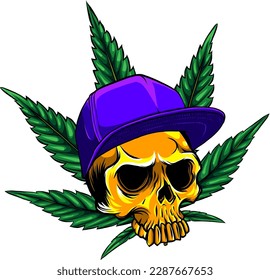 head skull with leaves marijuana and hat vector illustration design