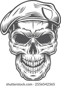 head skull military army with hat helmet baret drawing vector illustration