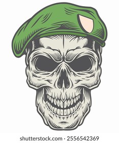 head skull military army with hat helmet baret drawing vector illustration