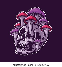 Head Skull With Mushrooms Illustration