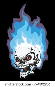 Head Skull on Blue Fire Vector Illustration