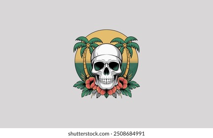 head skull with palm on beach vector illustration flat design