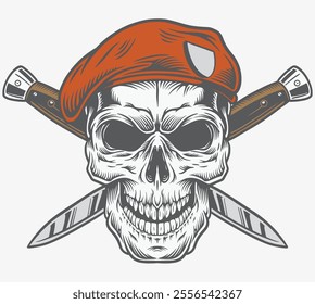 head skull red baret military army with cross dagger outline drawing vector