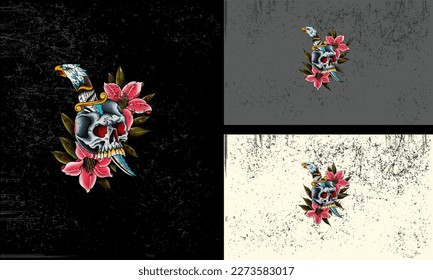 head skull and red flowers vector illustration mascot design
