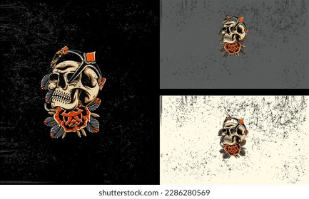head skull with red flowers vector illustration mascot flat design