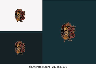 head skull and red rose flower vector illustration design