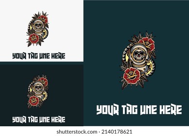 head skull with red rose flowers vector design