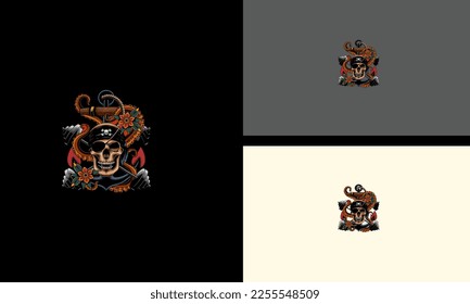 head skull and red rose flowers vector mascot design