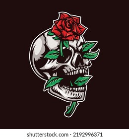 Head Skull With Red Rose Illustration