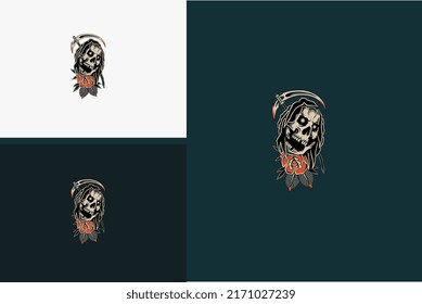 head skull and red rose vector flat design