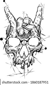 Head skull with rock music sign hand