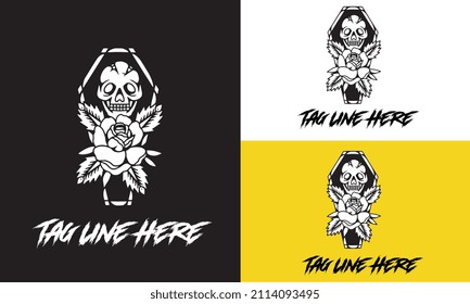 head skull and rose flower vector black and white