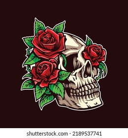 Head Skull and Roses Illustration