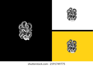 head skull and snake vector black and white