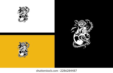 head skull and snake vector line art design