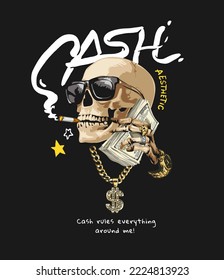 head skull in sunglasses holding cash vector illustration on black background