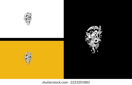 head skull and sword with flowers vector outline design