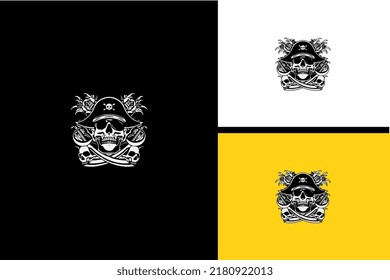 head skull and sword logo vector black and white