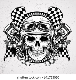 head skull wearing helmet and cafe racer vector design and print