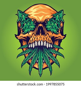 Head Skull weed Kush Vector illustrations for your work Logo, mascot merchandise t-shirt, stickers and Label designs, poster, greeting cards advertising business company or brands.