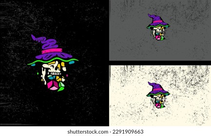 head skull and witch hat vector mascot design