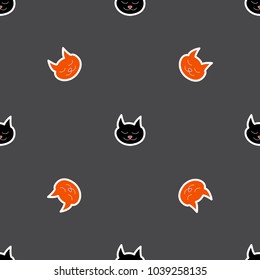 Head of sleeping black and red cat with white outline on gray background seamless pattern