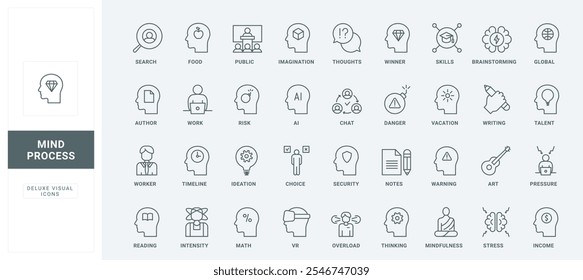 Head with smart idea and question, money and gear, stress thin black outline symbols vector illustration. Process in human brain, cognitive skills, and problem of mind health line icons set.