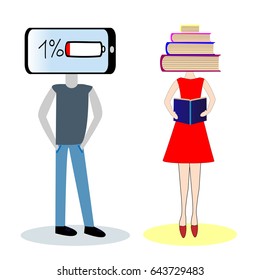 Head with smartphone instead of the face. A girl with books instead of a head. Two different people.