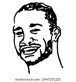 Head of a smiling African American man. Ethnic male portrait. Hand drawn linear doodle rough sketch. Black and white silhouette.