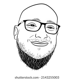 Head of a smiling bearded bald young man wearing glasses. Funny male portrait. Cartoon style. Black and white linear silhouette.